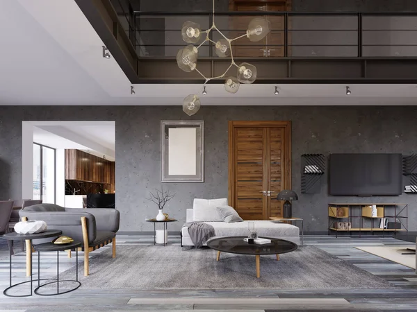 豪华的室内设计客厅 在嬉皮士风格与灰色家具和墙壁和一个创意柜下的电视与货架 — 图库照片
