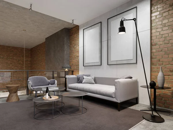 宽敞的现代开放式阁楼客厅设有带休息区的舒适灰色沙发 — 图库照片