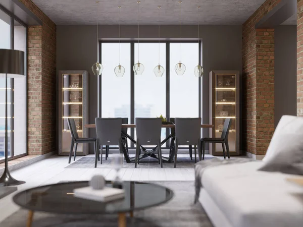Cozy loft with dining table, chairs and storage racks. 3d rendering