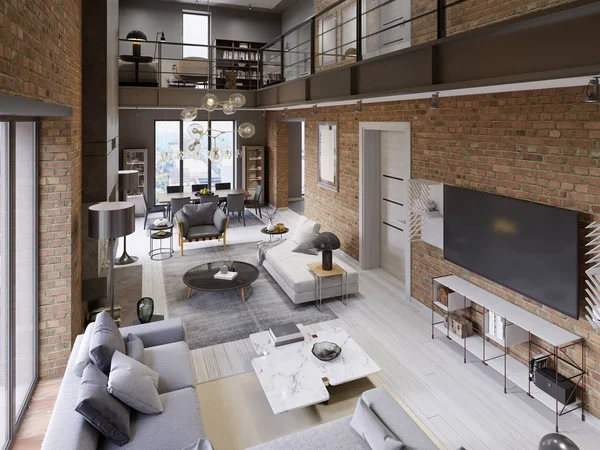 Große Moderne Wohnung Loft Stil Mit Sofas Sessel Kamin Ziegelwand — Stockfoto