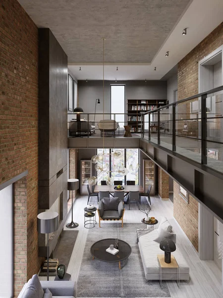 Loft modern interior designed as a open plan modern apartment. Open plan including kitchen, dining room, living room, glass railing, on the mezzanine. 3d rendering