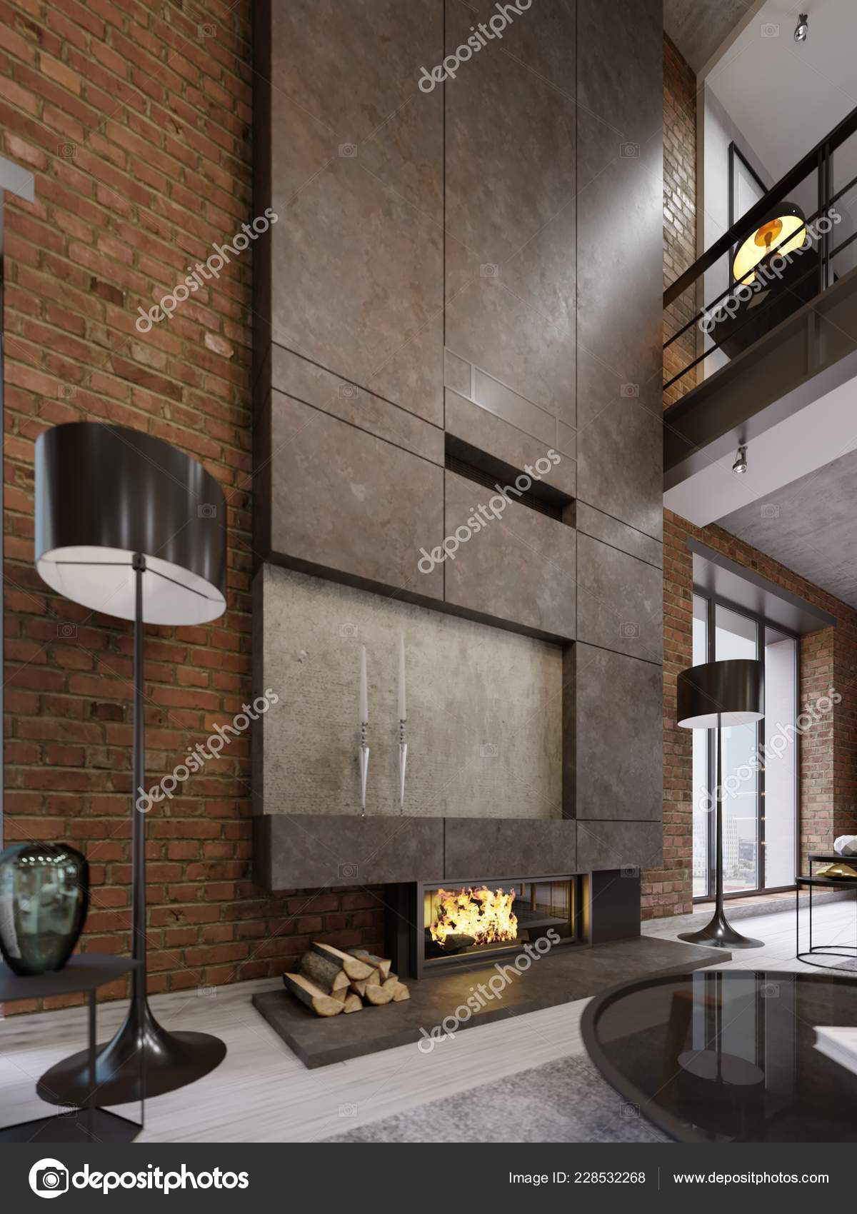 Large High Concrete Fireplace Built Firebox Burning Fire Two Black