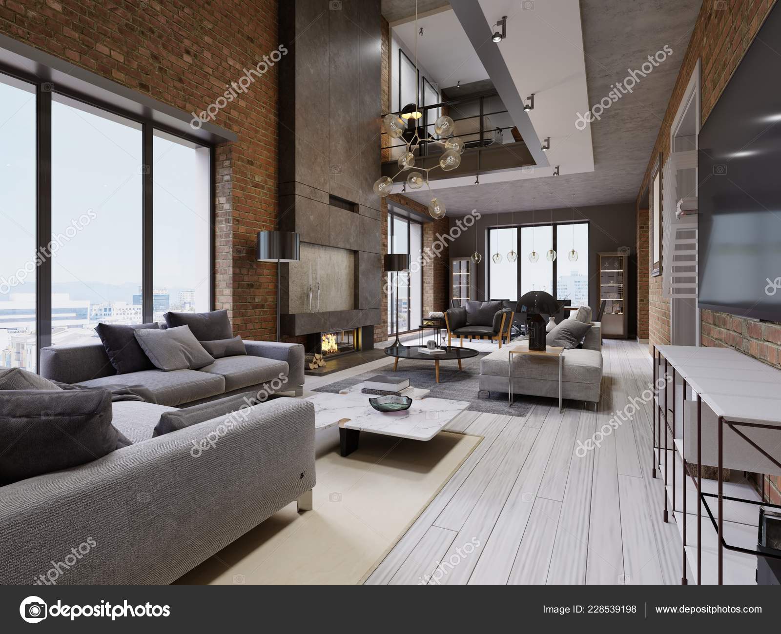 Modern Loft Living Room High Ceiling Sofa Red Brick Wall