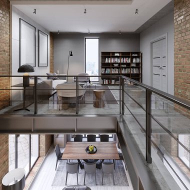 Kanepe, yemek masa ve Kütüphane, açık alan, panorama ile katlı loft iki düzey daire. 3D render