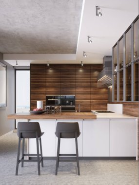 Çağdaş mutfak modern tarzı. Şehir merkezinde lüks daire. Kahvaltı bölgesinde rahat yeni daire. 3D render