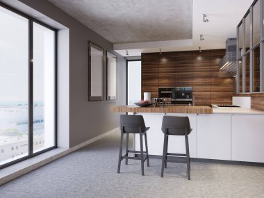 Bir mutfak ile mutfak ada mutfak modern, çağdaş ve modern mutfak mobilya tarzı iki oturaklı. 3D render.