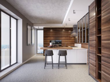 Bir mutfak ile mutfak ada mutfak modern, çağdaş ve modern mutfak mobilya tarzı iki oturaklı. 3D render.