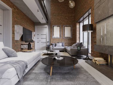 Beyaz ve gri kanepe ve deri koltuk Dergisi bir masa ve bir oturma odası ve tuğla duvar ile bir loft tarzı daire büyük bir tasarımcı şömine. 3D render