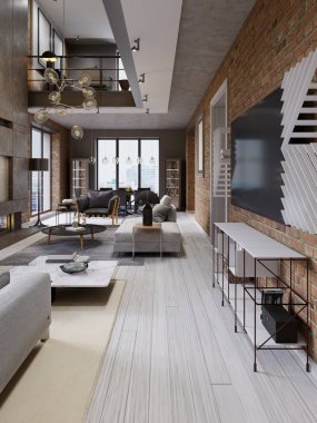 Beyaz ve gri kanepe ve deri koltuk Dergisi bir masa ve bir oturma odası ve tuğla duvar ile bir loft tarzı daire büyük bir tasarımcı şömine. 3D render