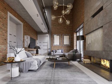 Stüdyo Daire ile tuğla duvar ve şömine ve modern mobilyalar. 3D render