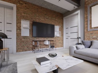 Modern oturma odası iç, tv ile siyah perde duvara monte. 3D render