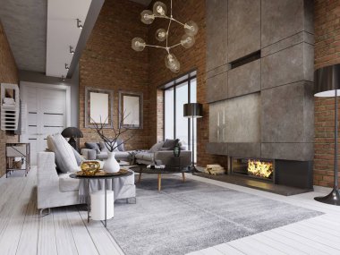 Stüdyo Daire ile tuğla duvar ve şömine ve modern mobilyalar. 3D render