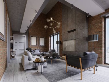 Stüdyo Daire ile tuğla duvar ve şömine ve modern mobilyalar. 3D render