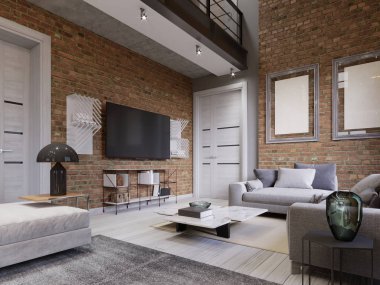 LED Tv Tv stand arka plan tuğla duvar çatı katı daire, oturma odası ile. 3D render