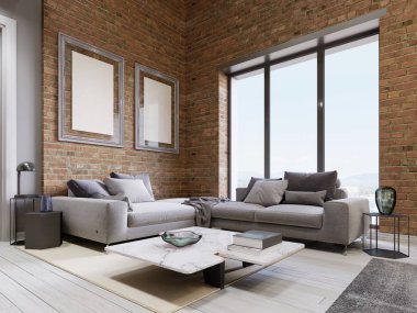 modern kanepe loft oturma odasında panoramik pencereli. 3D render