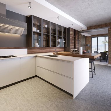 Yeni ev modern dolaplar ile şık mutfak iç. İskandinav tarzında dizayn. yemek yemek. Ahşap mutfak, lavabo ve soba. 3D render