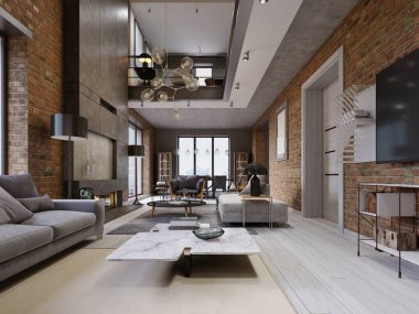 Büyük Tasarım daire bir tuğla duvar ve döşemeli mobilya ve büyük panoramik pencereler ile bir çatı katı tarzında. 3D render