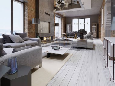 Büyük Tasarım daire bir tuğla duvar ve döşemeli mobilya ve büyük panoramik pencereler ile bir çatı katı tarzında. 3D render