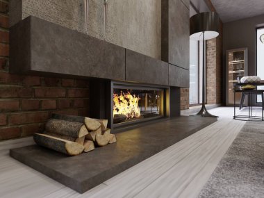 Loft tarzı tasarımcı şömine, yangın ve yakacak odun yanan ile yapılı-içinde firebox. 3D render.