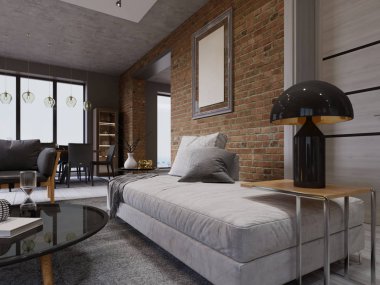 Beyaz kanepe boş bir resim arka plan tuğla duvar üzerinde siyah lambalı yan sehpa ile. yastık, battaniye, halı, dekor. 3D render