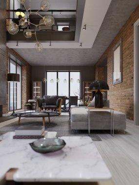 Kanepe, yemek masa ve Kütüphane, açık alan, panorama ile katlı loft iki düzey daire. 3D render