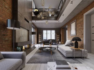Yüksek tavan, kanepe, kırmızı tuğla duvar, beyaz parke, döşeme kanepe ve mobilya, tasarım aksesuar ile modern loft oturma odası, yemek masası ile sandalyeler. 3D render