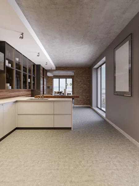 Keuken Interieur Met Betonnen Muren Witte Countertops Consoles Grote Ramen — Stockfoto