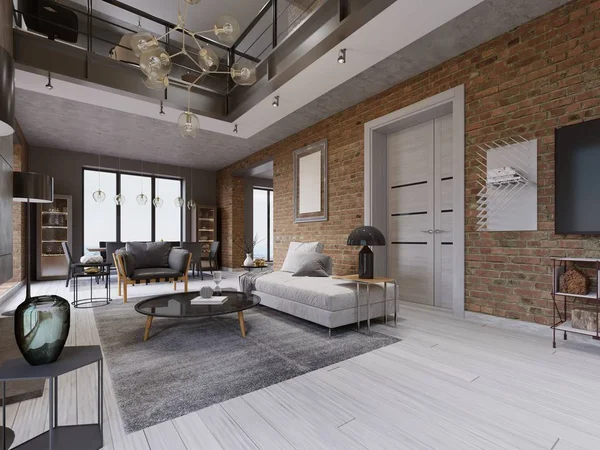 Modernes Wohnzimmer Mit Essecke Und Esstisch Einer Loft Wohnung Darstellung — Stockfoto