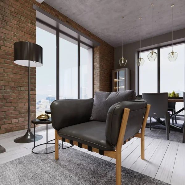 时尚的设计师皮革扶手椅与黑色落地灯在阁楼风格的公寓 — 图库照片