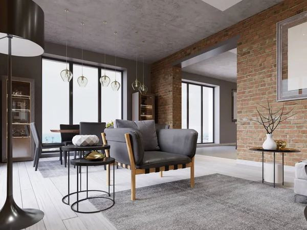 Studio apartment with designer fashionable armchair with leather upholstery, dining table at a large window, brick wall. 3d rendering