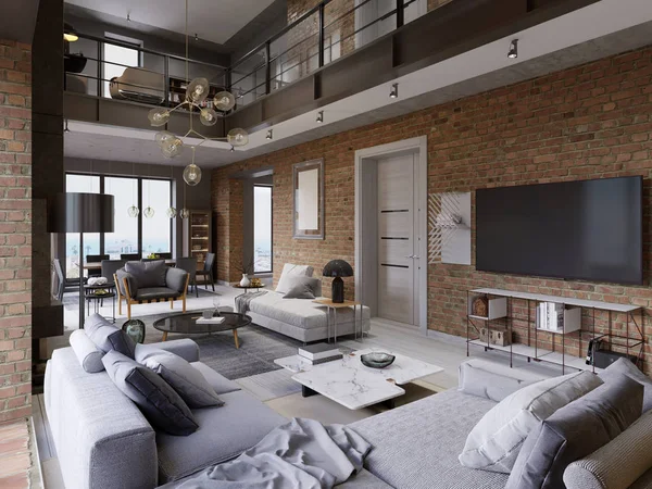 Loft Apartment Brick Wall Ith Modern Furniture Rendering — Stock Photo, Image