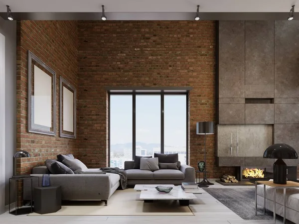 Loft apartment with brick wall ith modern furniture. 3d rendering