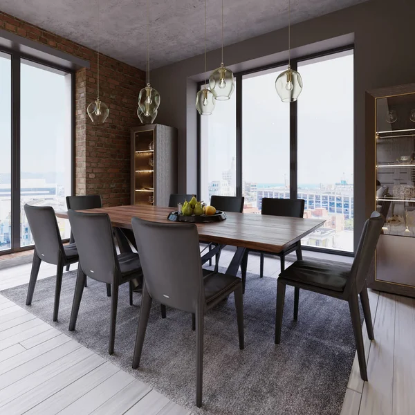 Loft Accogliente Con Tavolo Pranzo Sedie Scaffali Stoccaggio Rendering — Foto Stock