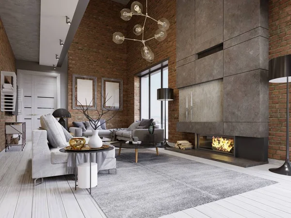 Studio Datar Dengan Dinding Bata Dan Perapian Dan Furnitur Modern — Stok Foto