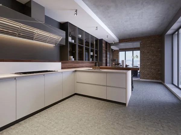 Κομψή Κουζίνα Εσωτερικό Σύγχρονα Γραφεία Στο Νέο Σπίτι Σχεδιασμός Σκανδιναβικό — Φωτογραφία Αρχείου