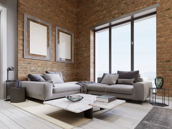 Modernes Sofa Mit Panoramafenstern Loft Wohnzimmer Darstellung — Stockfoto