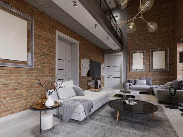 Tolles Design Der Wohnungen Loft Stil Mit Ziegelmauer Und Polstermöbeln — Stockfoto
