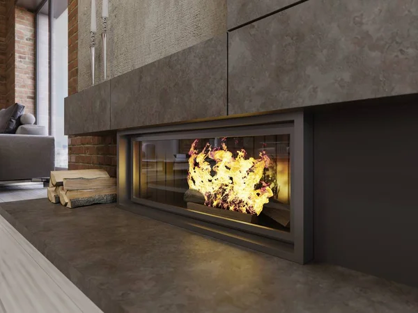 Loft-style designer fireplace, built-in firebox with burning fire and firewood. 3d rendering.