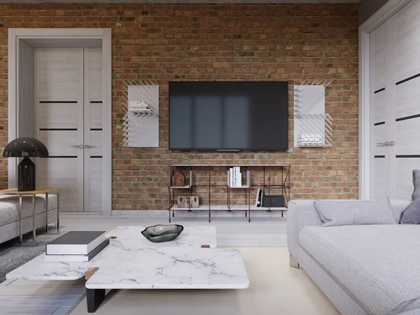 Led Stand Fone Brick Wall Loft Apartment Living Room Рендеринг — стоковое фото