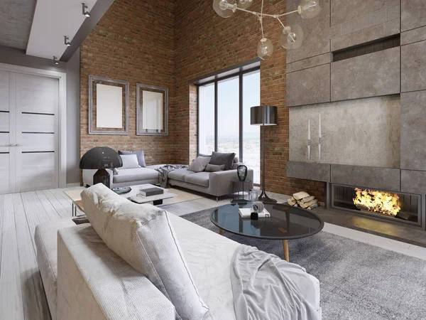 レンガの壁 布張りの家具と大きなパノラマの窓とロフト スタイルのアパートメントの偉大なデザイン レンダリング — ストック写真