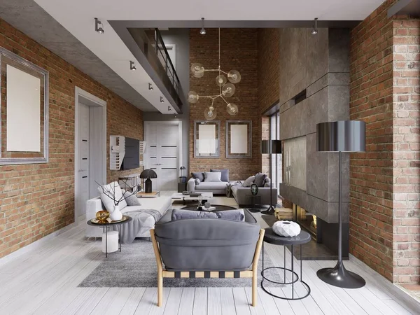 Modern contemporary loft design living room apartment interior. 3d rendering