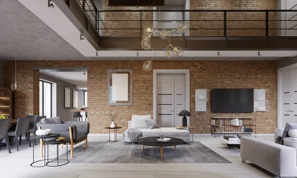 Modern Samtida Loft Design Vardagsrum Lägenhet Interior Rendering — Stockfoto