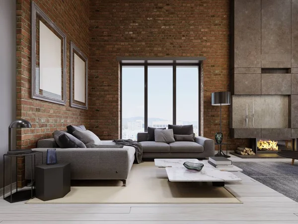 Sofá Moderno Con Ventanas Panorámicas Sala Estar Loft Renderizado —  Fotos de Stock