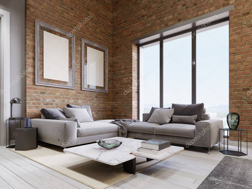 modern sofa with panoramic windows in loft living room. 3d rendering