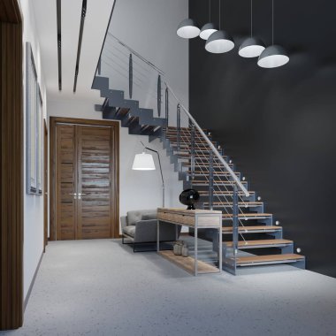 Metal korkuluk ile modern bir daire ve büyük kolye lamba, siyah ve beyaz tasarım ile ahşap merdiven ikinci katta merdiven. 3D render.
