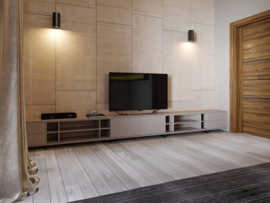 Modern Tv stand raf ve parlak panenley bej renk duvar üzerinden bir Tv ile. Yatak odası ve bir koltuk ve Tv Standı. 3D render