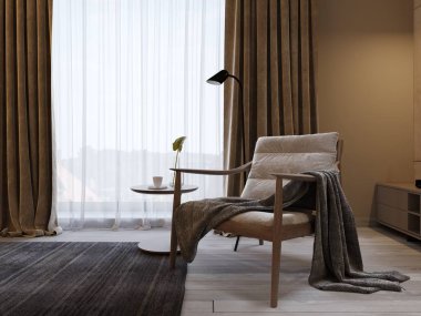 Ahşap ayaklı tasarımcı yumuşak koltuk ve üzerinde atılan bir örgü battaniye yakınındaki bir modern yatak odasında Tv Ünitesi. 3D render.