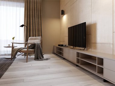 Modern Tv stand raf ve parlak panenley bej renk duvar üzerinden bir Tv ile. Yatak odası ve bir koltuk ve Tv Standı. 3D render