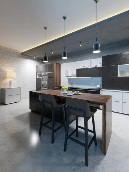 Bartresen Mit Stühlen Und Einer Kücheninsel Einer Modernen Küche Abendbeleuchtung — Stockfoto
