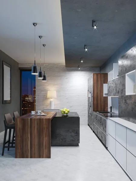 Современный Кухонный Стол Белым Черным Дизайном Рендеринг — стоковое фото